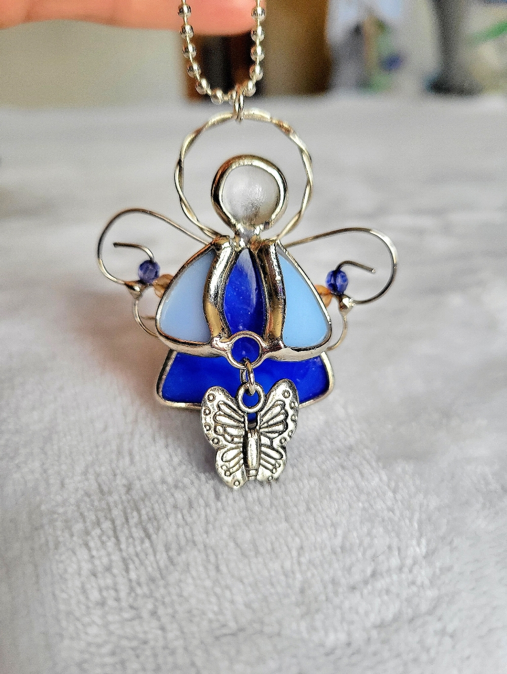 Handcrafted Stained Glassed Blue Angel  Suncatcher Ornament with Butterfly Charm